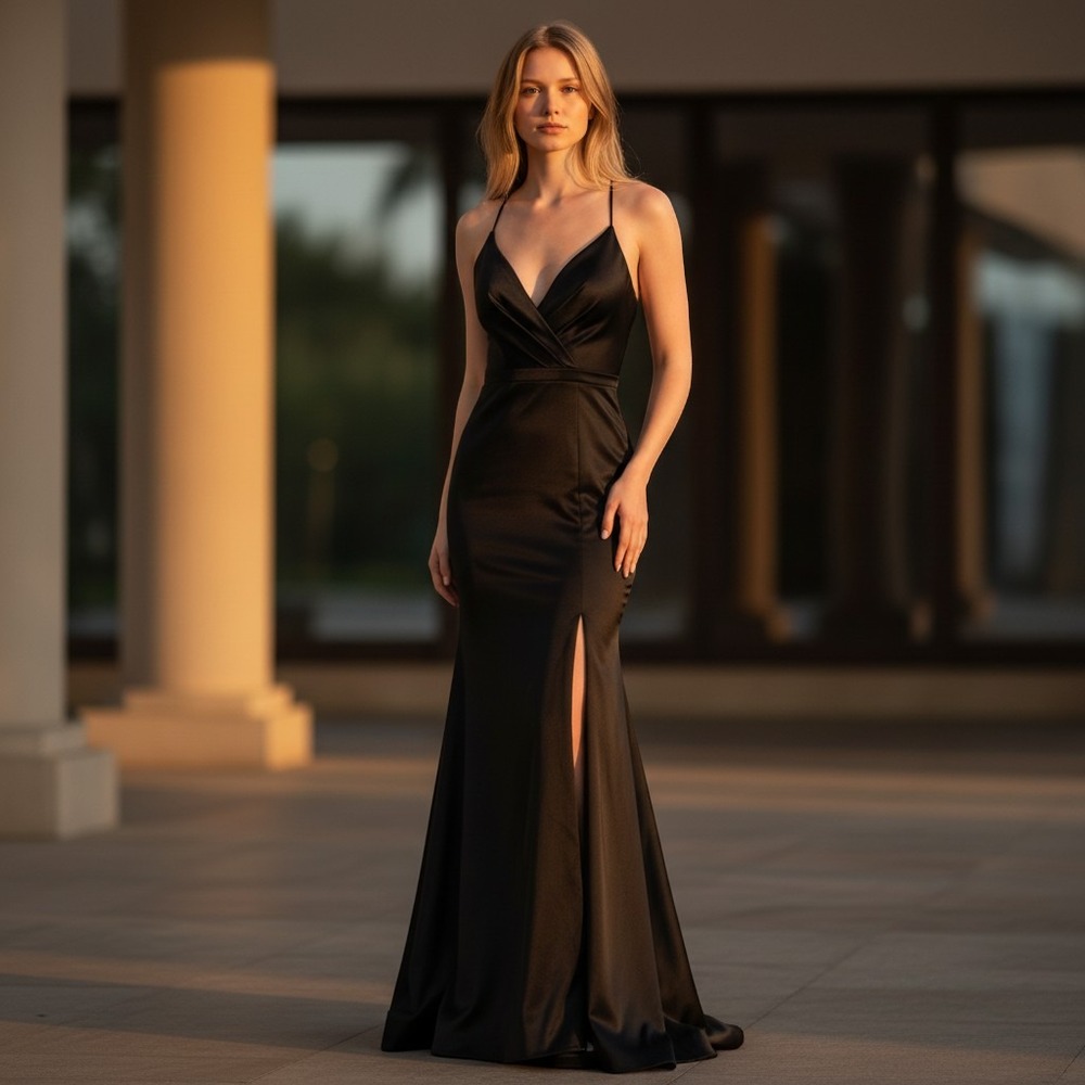 Black Satin Mermaid Evening Gown Open Back Strappy Formal Dress High Slit NWT